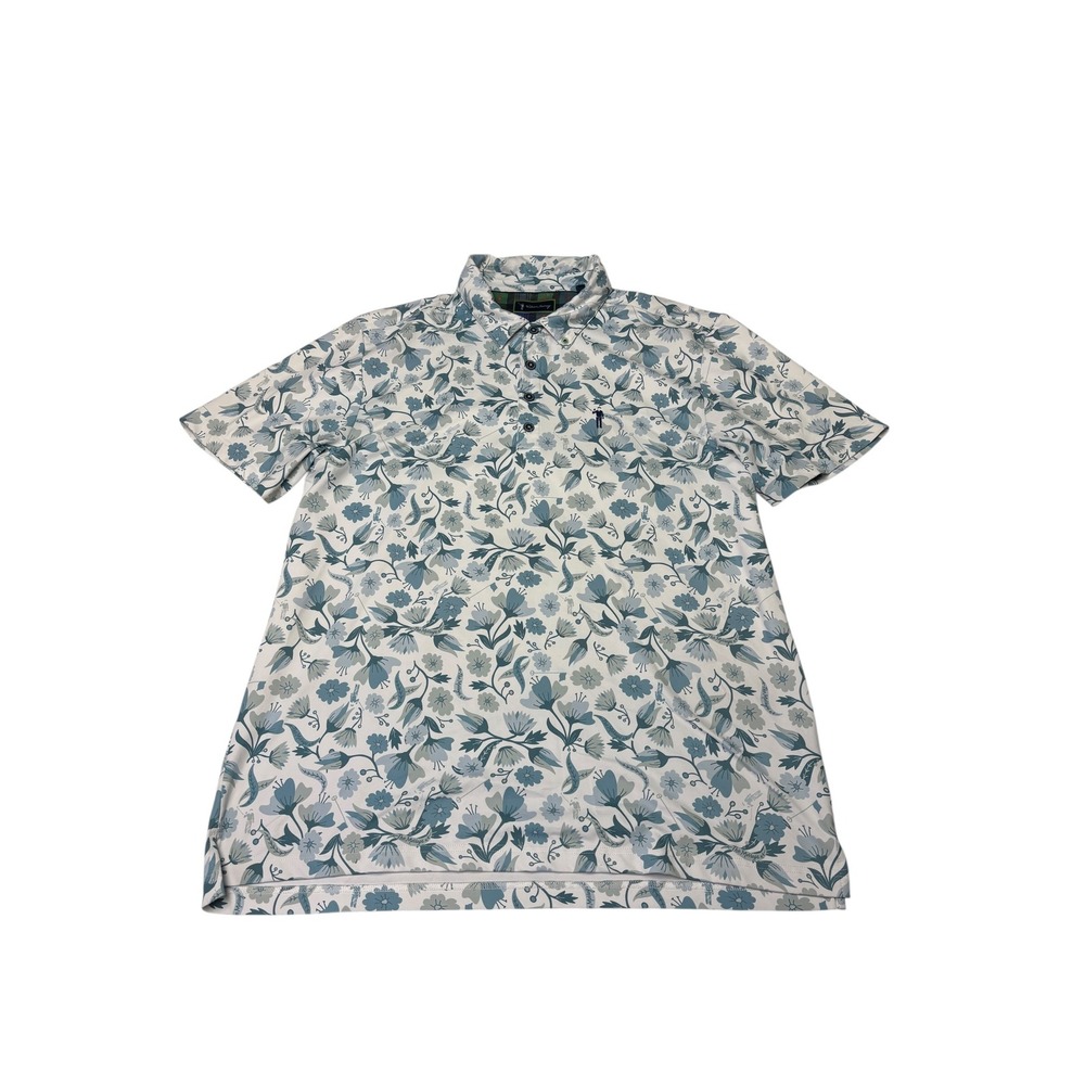 William Murray Golf Polo Mens Large Floral Golfer Print Performance Blue White